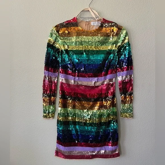 Mac Duggal 93724 Rainbow Sequin Multicolor Striped Long Sleeve Dress Size 2 NWT - Picture 2 of 16